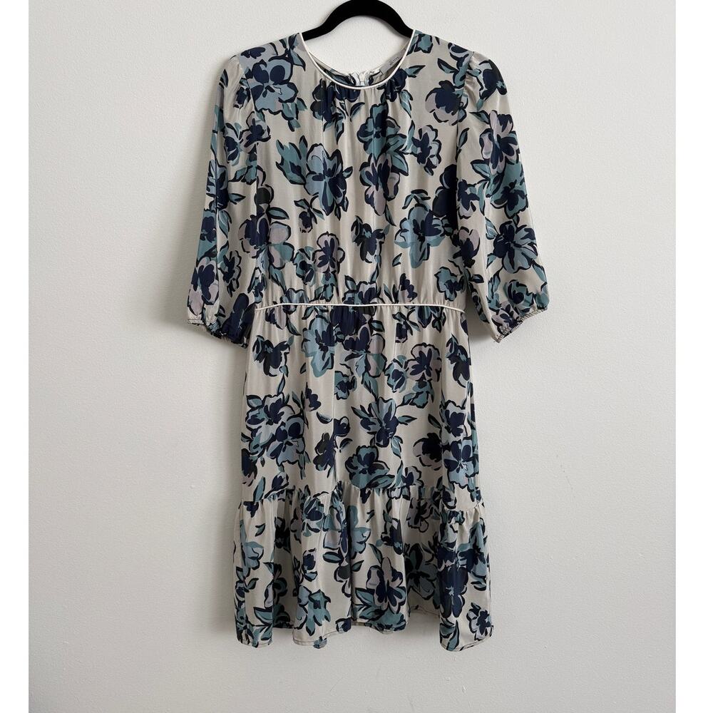 100% Silk Floral Dress Blue Cream Romantic Tiered Size L